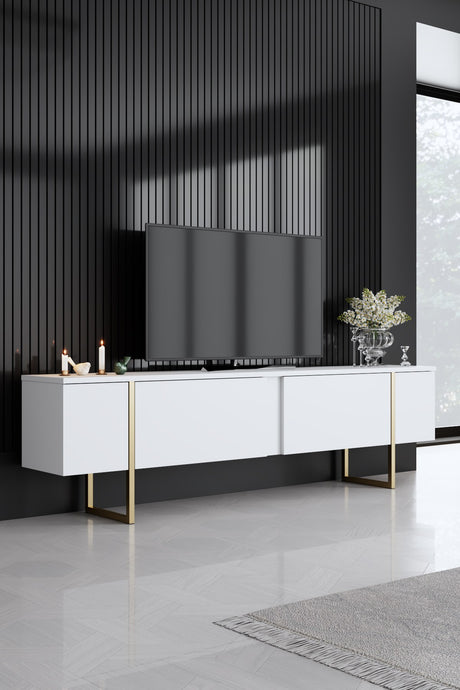Möbelset White Luxury - Couchtisch + TV-Schrank + Sideboard - Goldener Rahmen