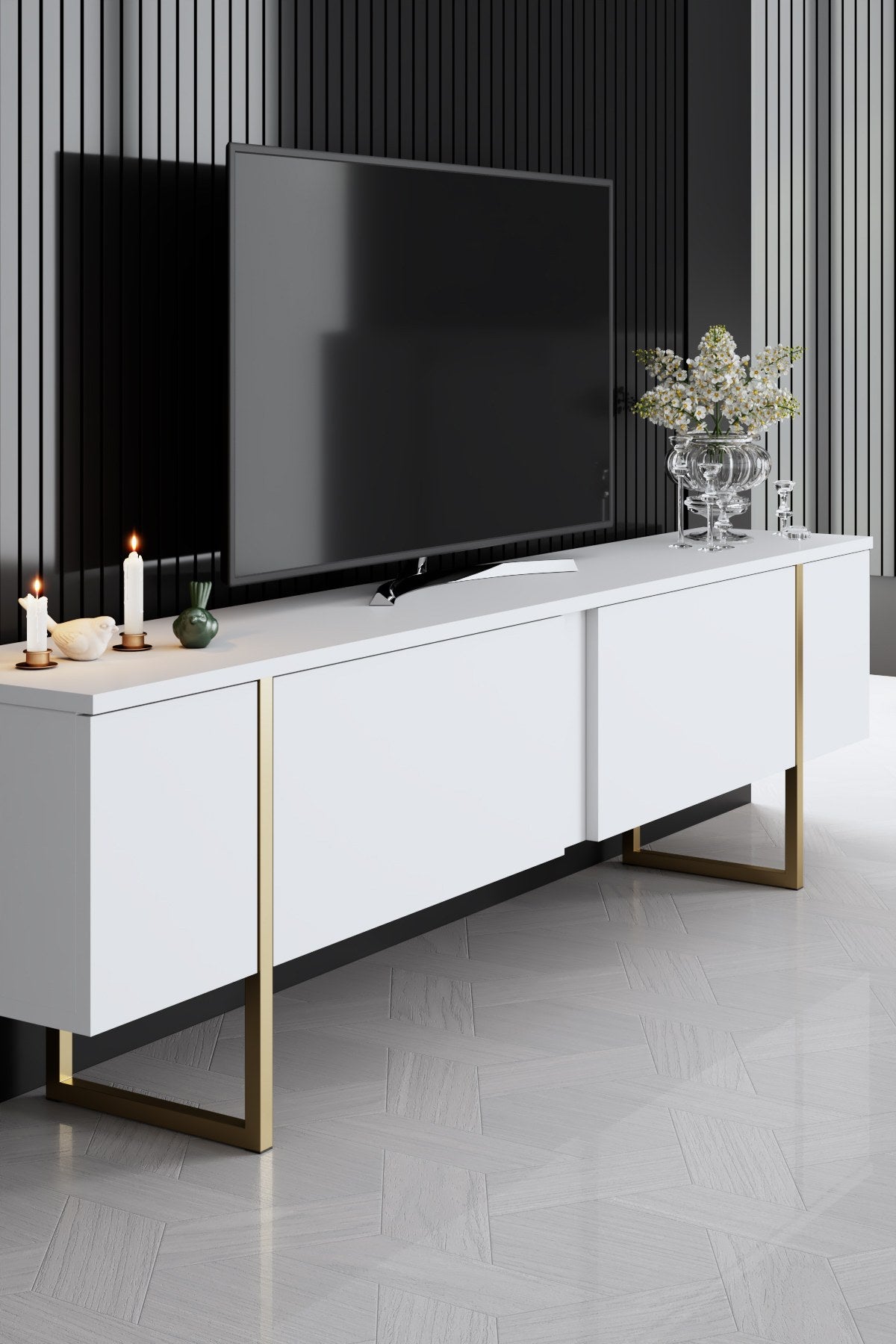 Möbelset White Luxury - Couchtisch + TV-Schrank + Sideboard - Goldener Rahmen