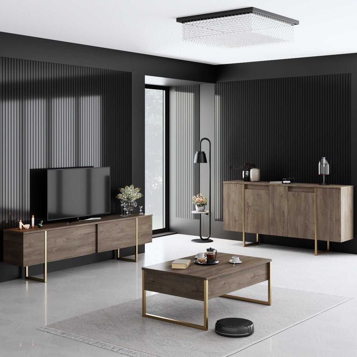 Luxus-Möbelset aus Walnussholz – Couchtisch + TV-Schrank + Sideboard – Goldrahmen