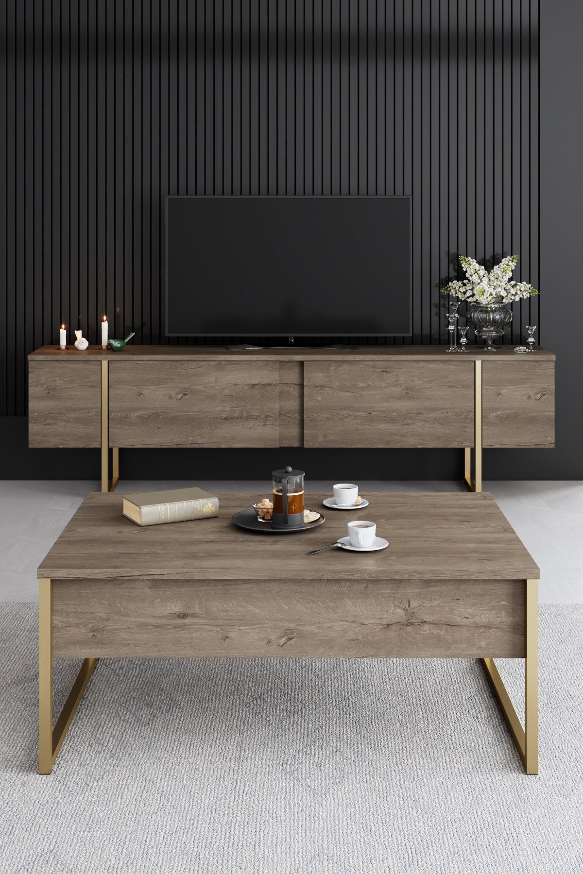 Luxus-Möbelset aus Walnussholz – Couchtisch + TV-Schrank + Sideboard – Goldrahmen