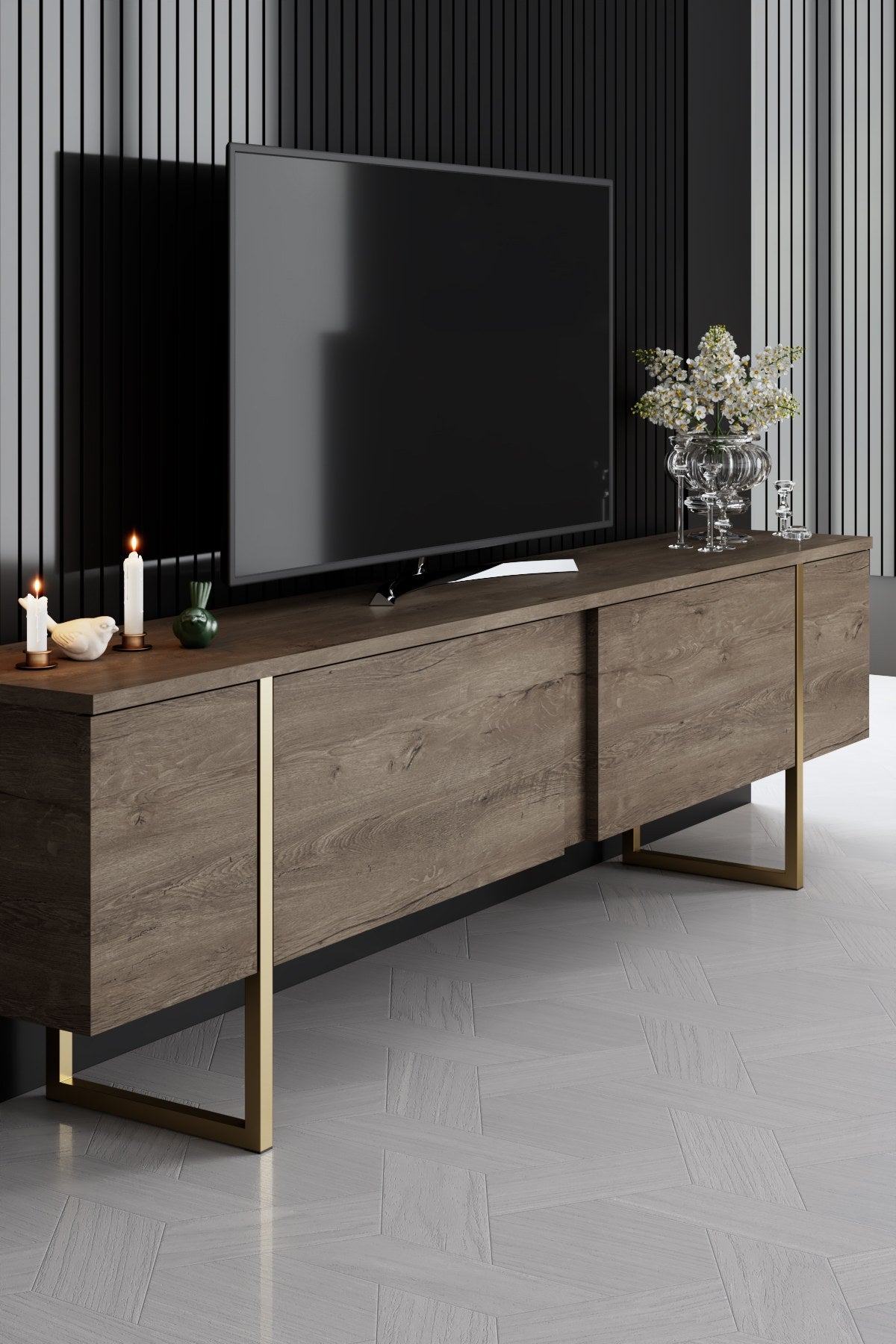 Luxus-Möbelset aus Walnussholz – Couchtisch + TV-Schrank + Sideboard – Goldrahmen