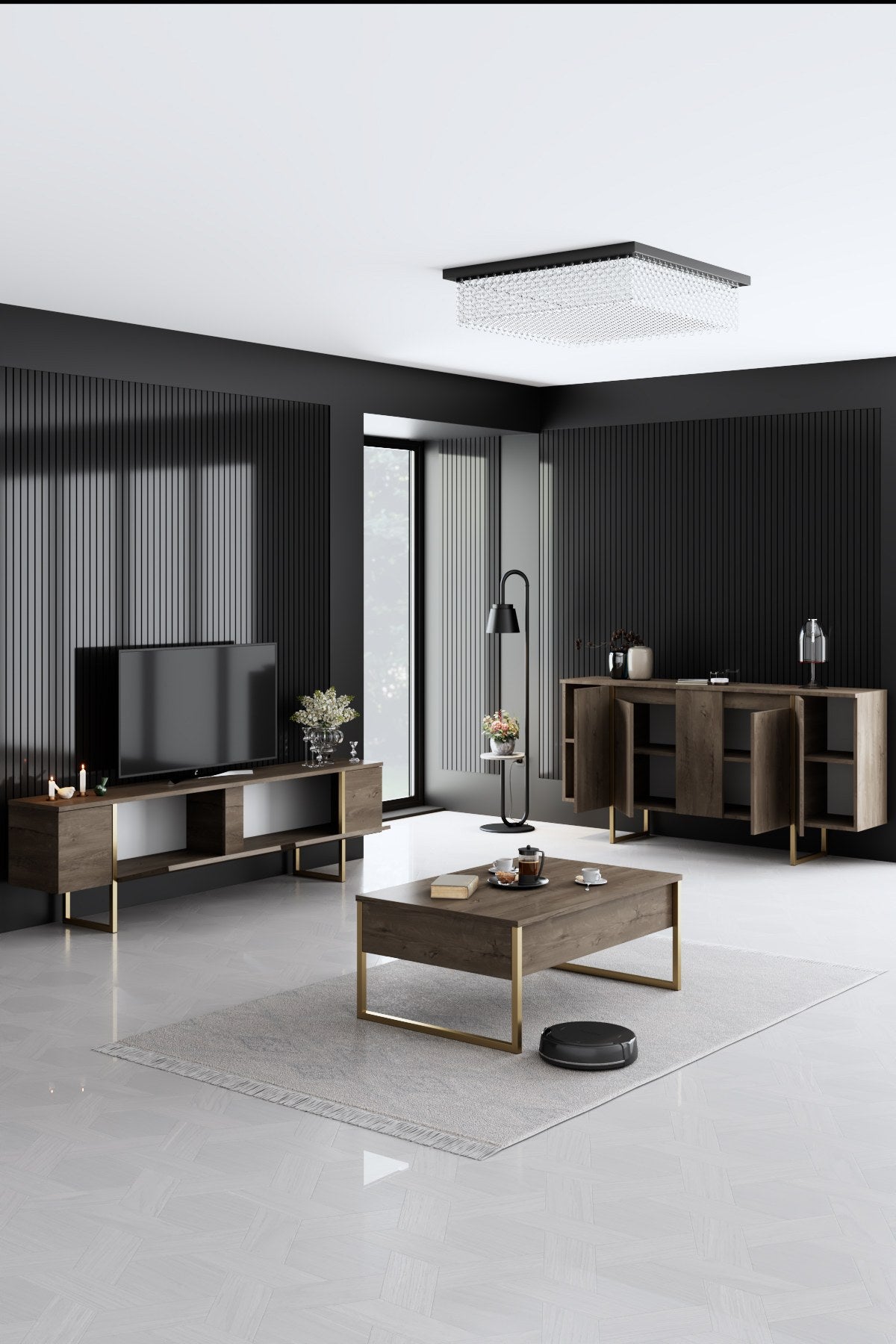 Luxus-Möbelset aus Walnussholz – Couchtisch + TV-Schrank + Sideboard – Goldrahmen