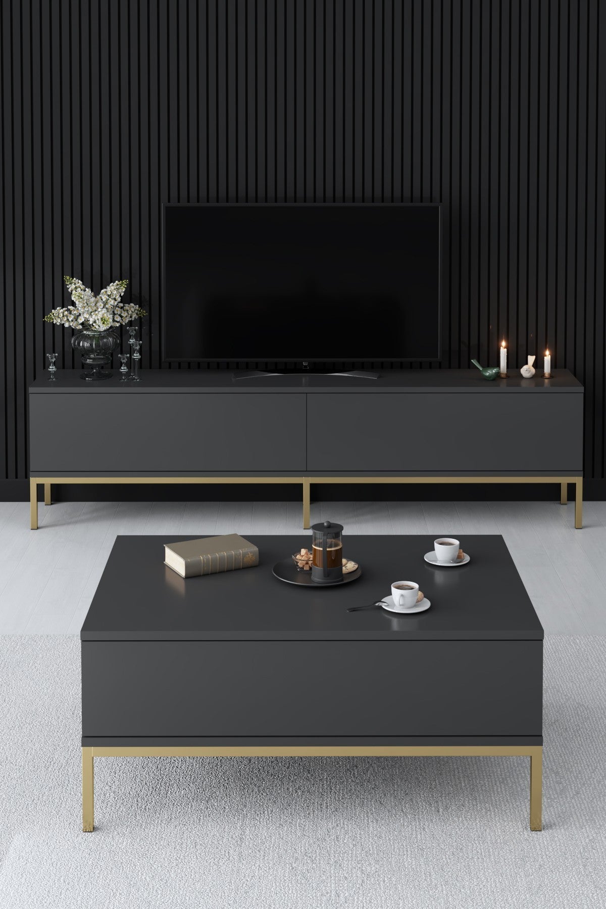 Rechteckiger Couchtisch Anthrazit Lord 90x60 - Goldener Rahmen