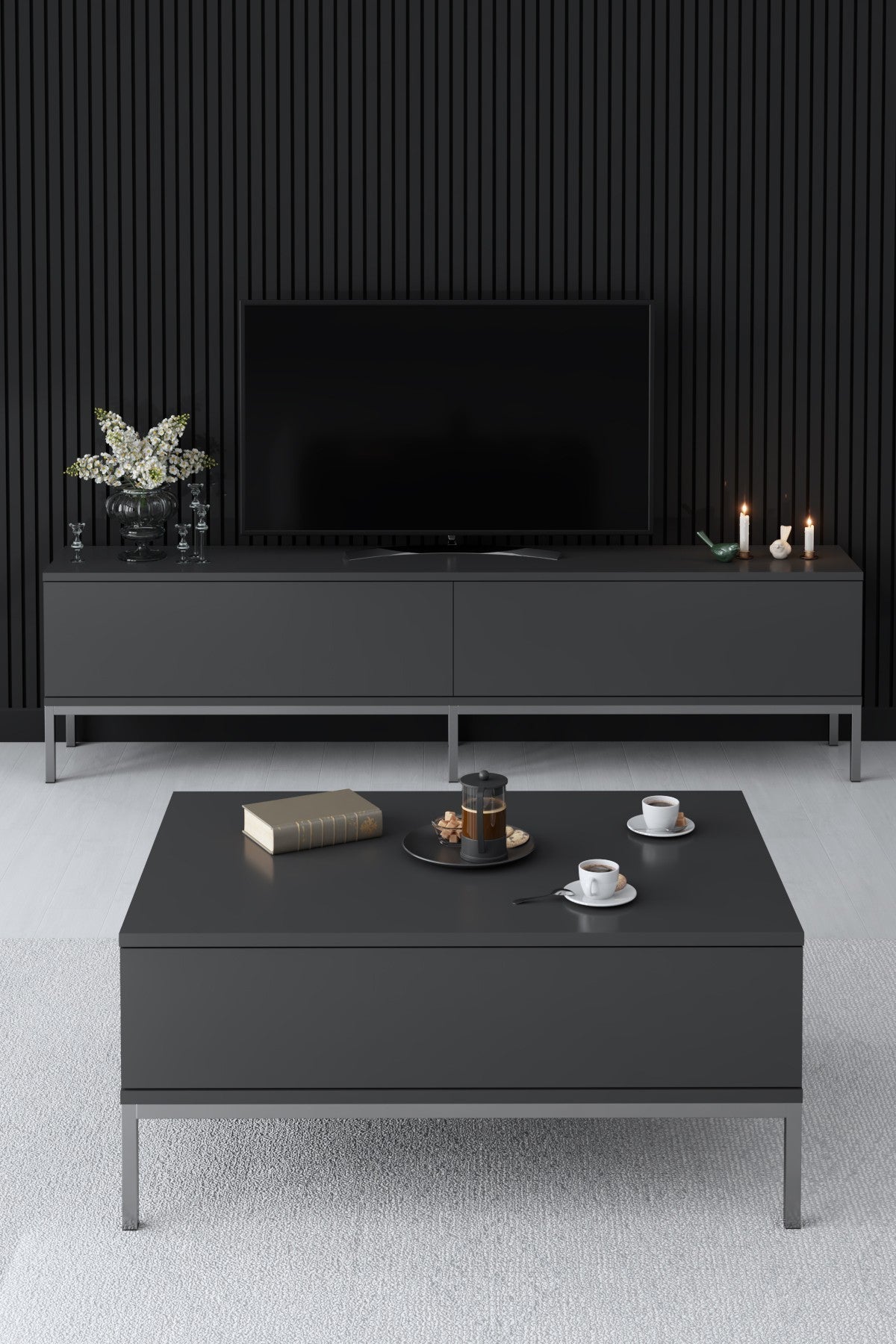 TV Meubels - TV Meubel Lord Antraciet Zilver Melamine 180x47x30 cm - Dimehouse