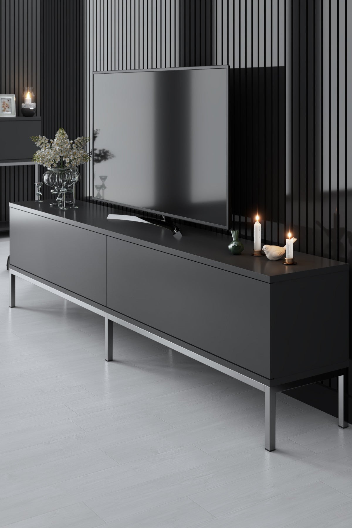 Möbelset Anthrazit Lord - Couchtisch + TV-Schrank + Sideboard - Silberrahmen