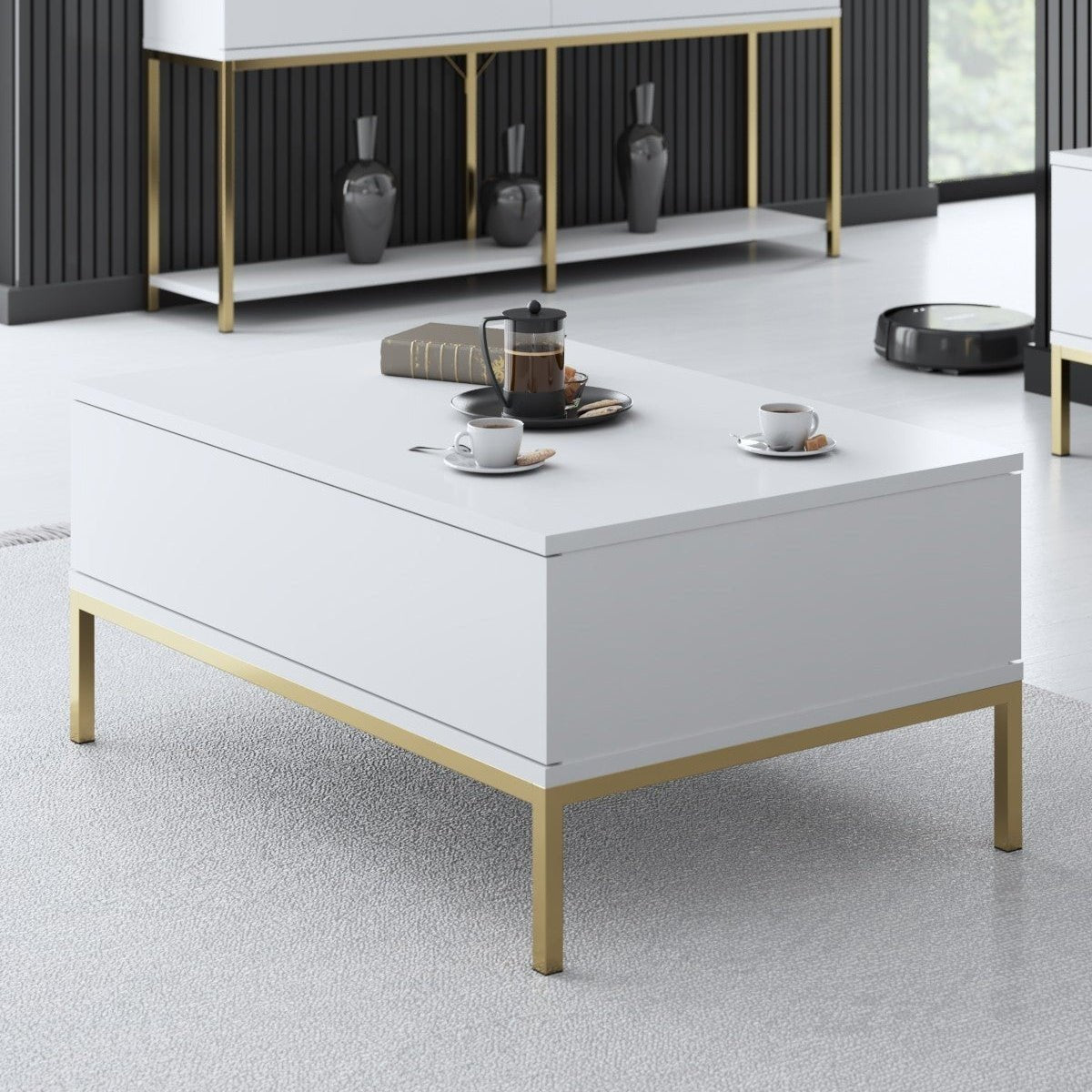 Rechteckiger Couchtisch Weiß Lord 90x60 - Goldener Rahmen