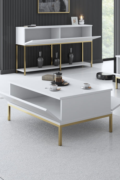 Rechteckiger Couchtisch Weiß Lord 90x60 - Goldener Rahmen