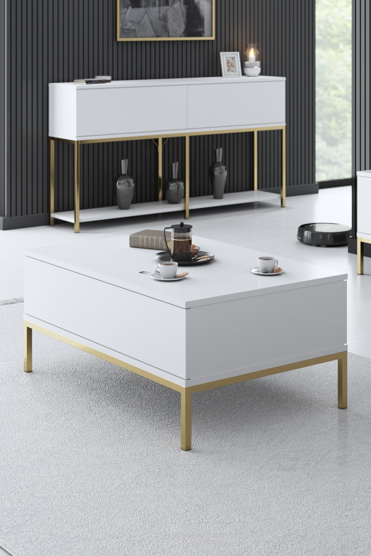 Möbelset White Lord - Couchtisch + TV-Schrank + Sideboard - Goldener Rahmen