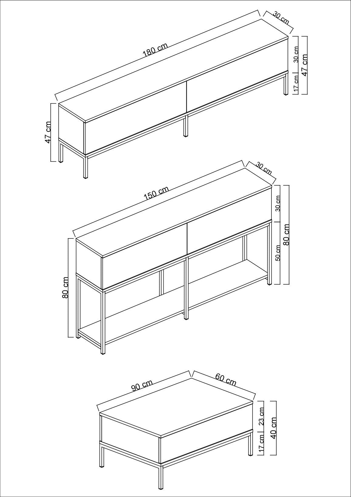 Möbelset Weiß Lord - Couchtisch + TV Möbel + Sideboard - Silberrahmen