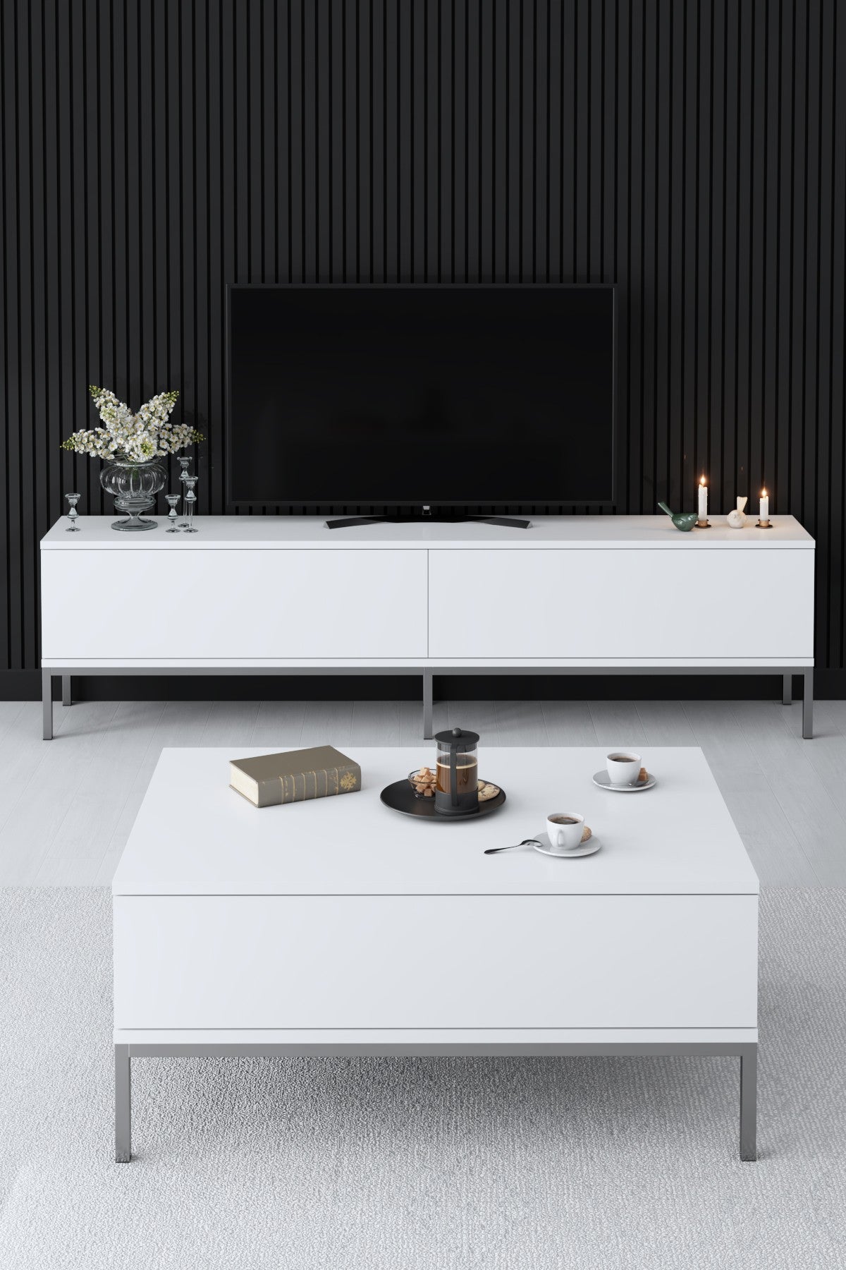 Möbelset Weiß Lord - Couchtisch + TV Möbel + Sideboard - Silberrahmen
