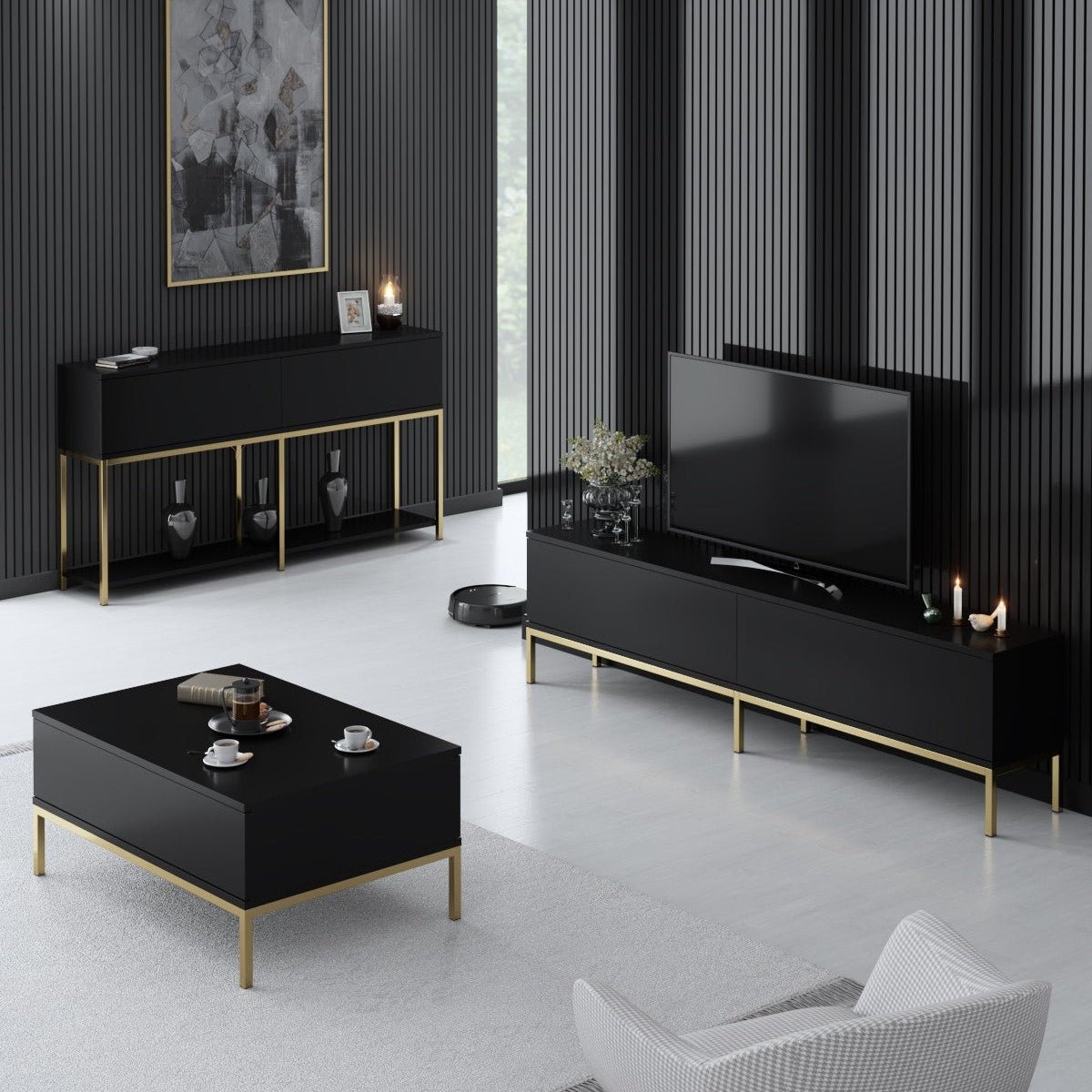 Möbelset Black Lord - Couchtisch + TV-Schrank + Sideboard - Goldener Rahmen