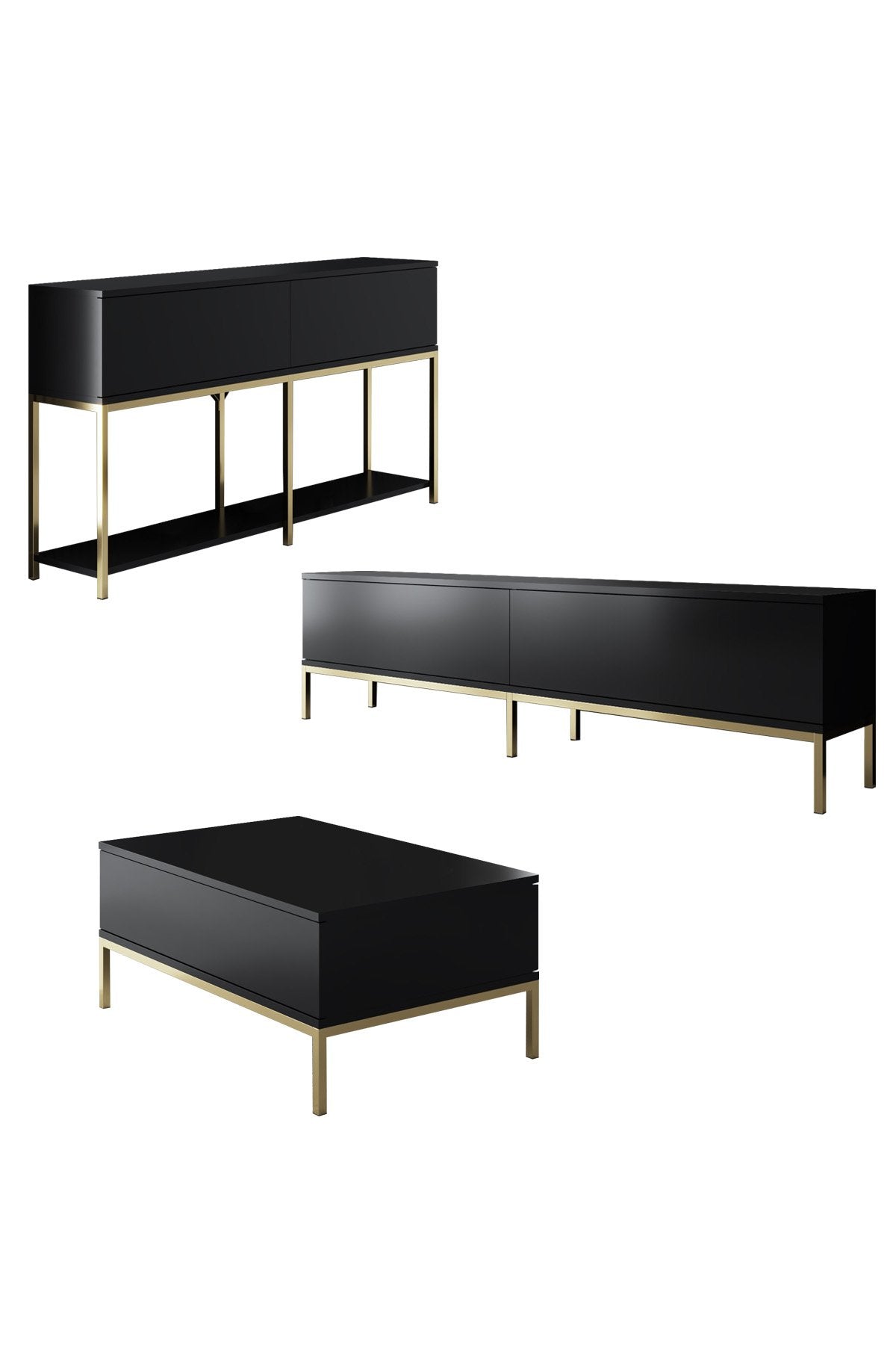 Möbelset Black Lord - Couchtisch + TV-Schrank + Sideboard - Goldener Rahmen