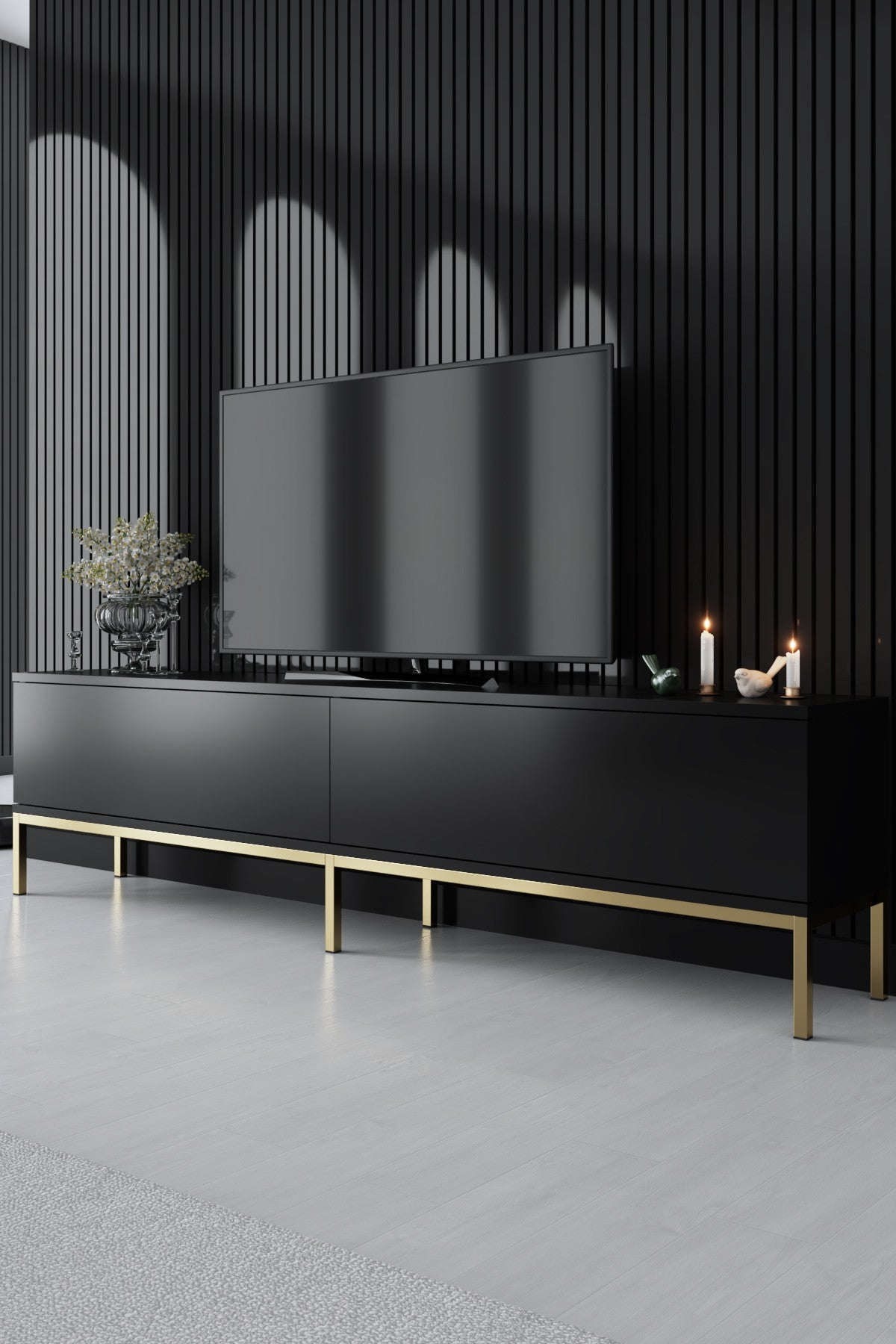 Möbelset Black Lord - Couchtisch + TV-Schrank + Sideboard - Goldener Rahmen