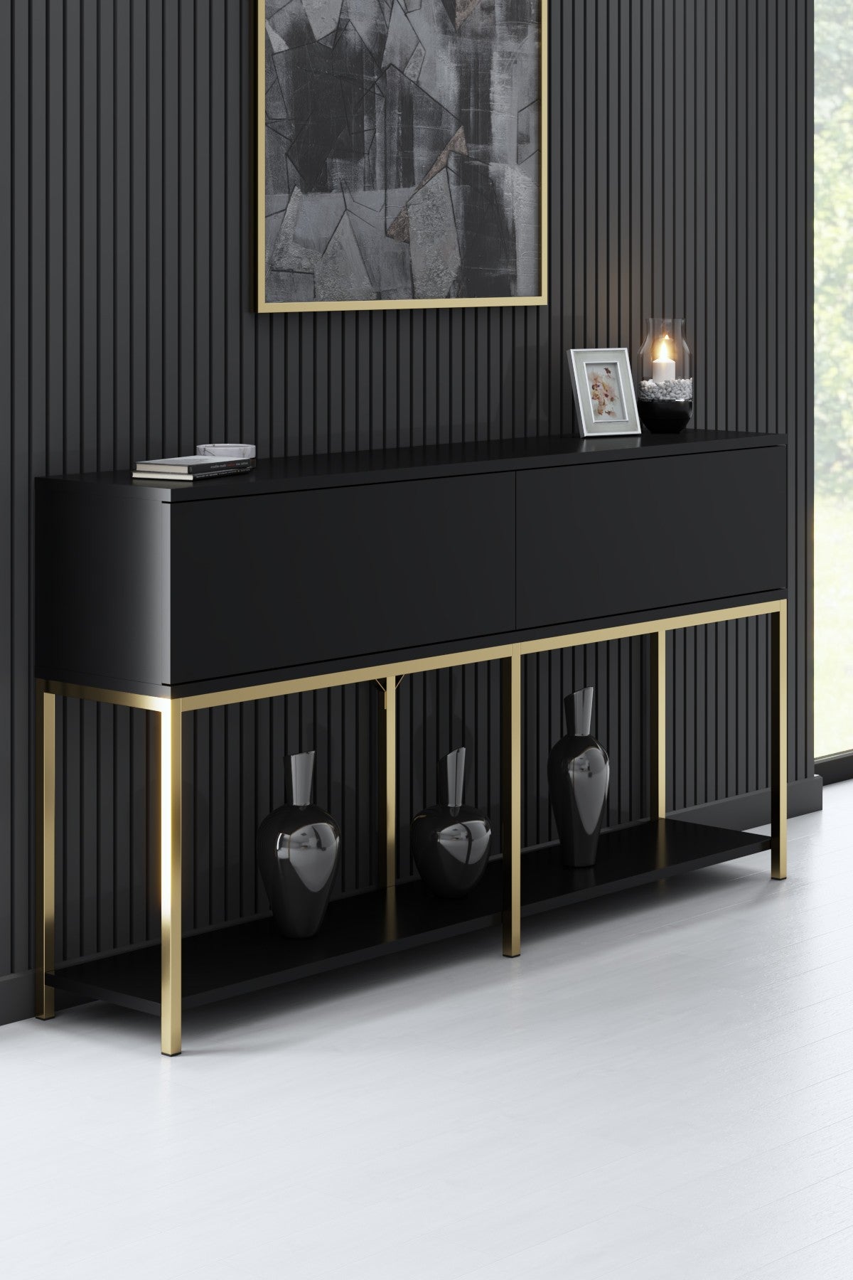 Möbelset Black Lord - Couchtisch + TV-Schrank + Sideboard - Goldener Rahmen
