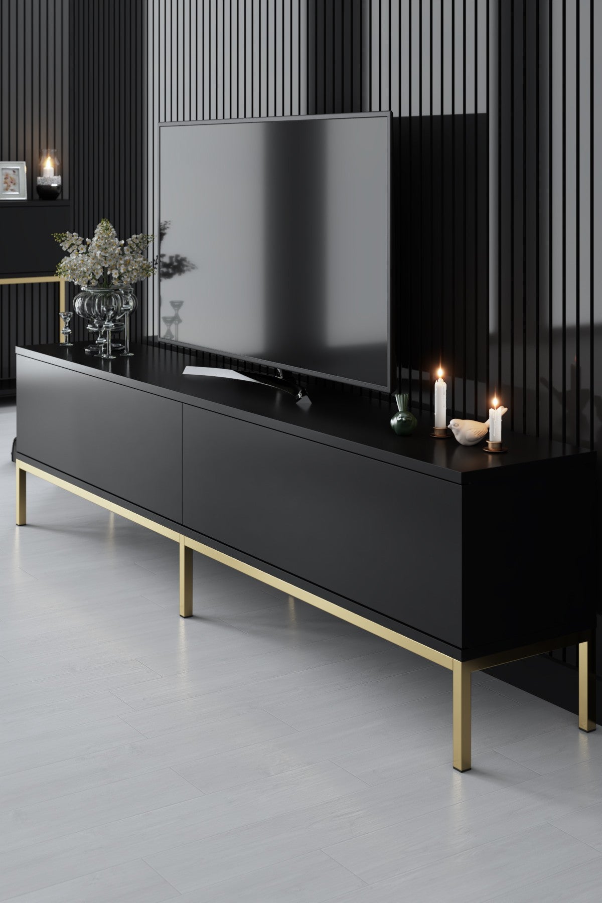 Möbelset Black Lord - Couchtisch + TV-Schrank + Sideboard - Goldener Rahmen