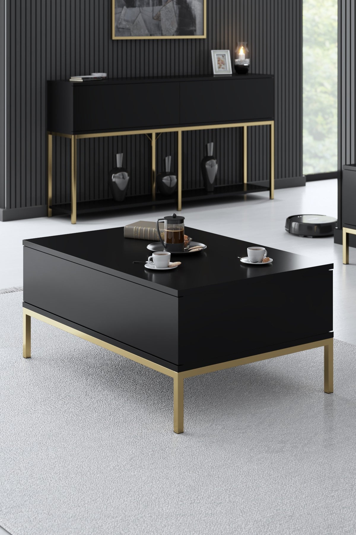 Möbelset Black Lord - Couchtisch + TV-Schrank + Sideboard - Goldener Rahmen