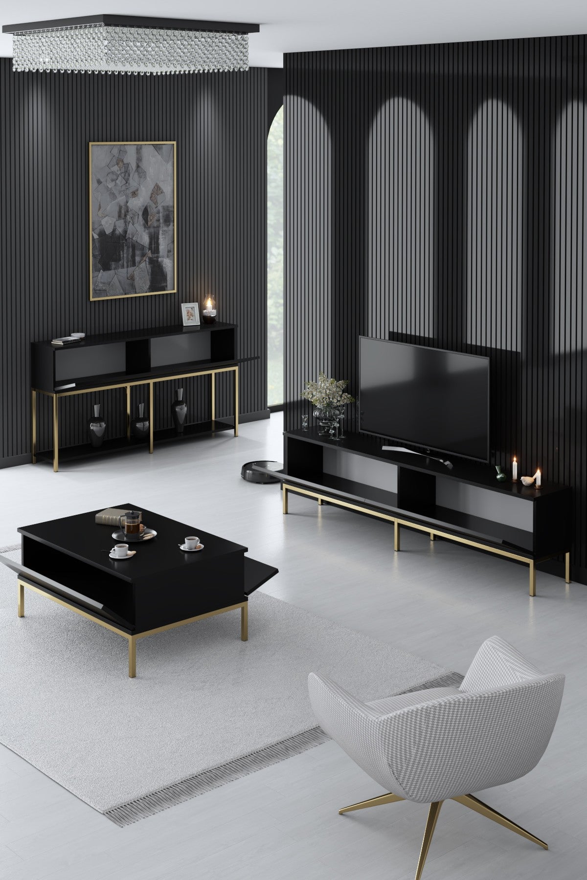 Möbelset Black Lord - Couchtisch + TV-Schrank + Sideboard - Goldener Rahmen