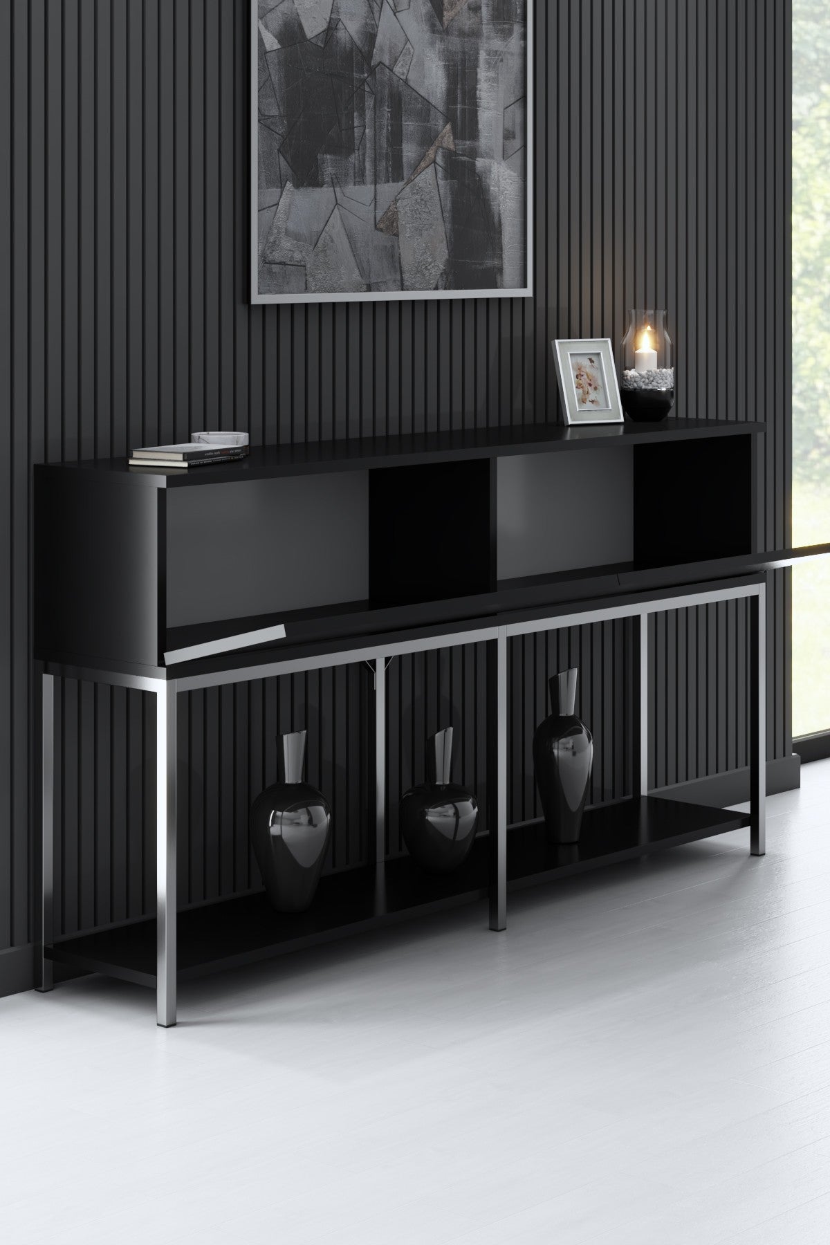 Moderne Kommode Black Lord 150x30x80 - Silberner Rahmen - Zwei Fächer