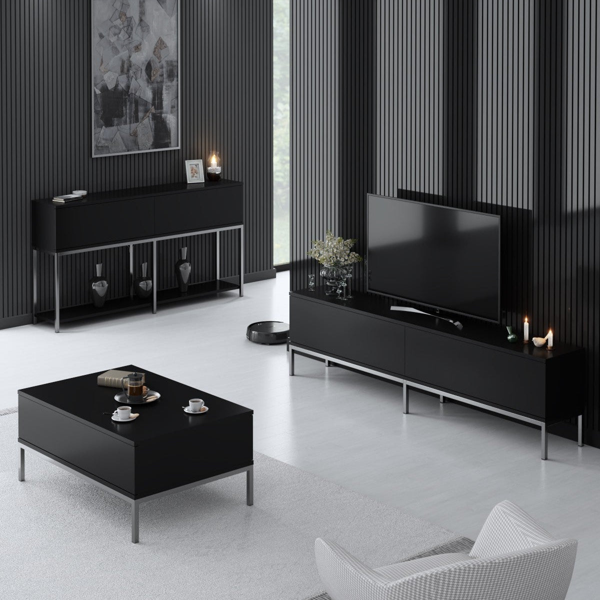 Möbelset Black Lord - Couchtisch + TV-Schrank + Sideboard - Silberrahmen