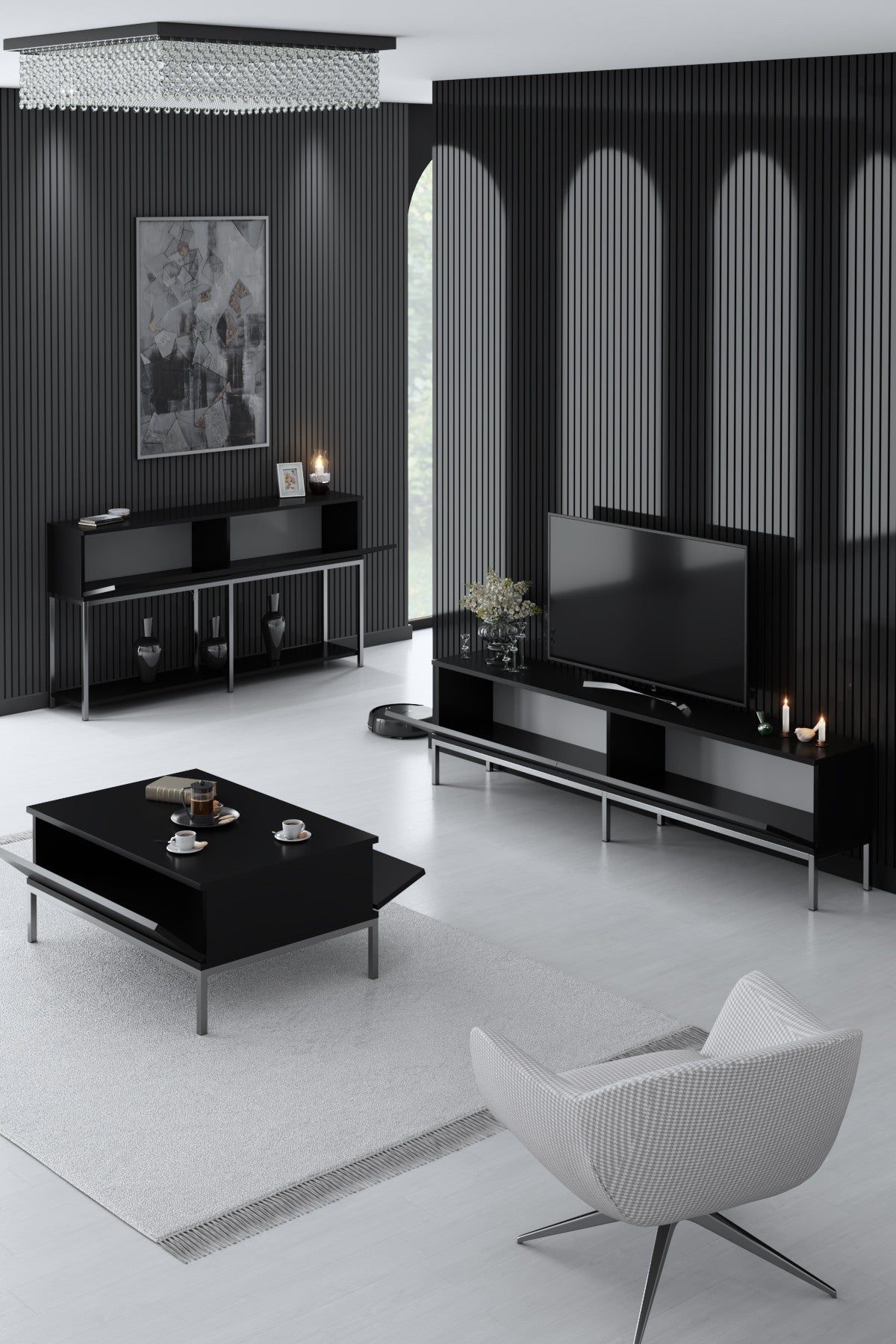 Möbelset Black Lord - Couchtisch + TV-Schrank + Sideboard - Silberrahmen
