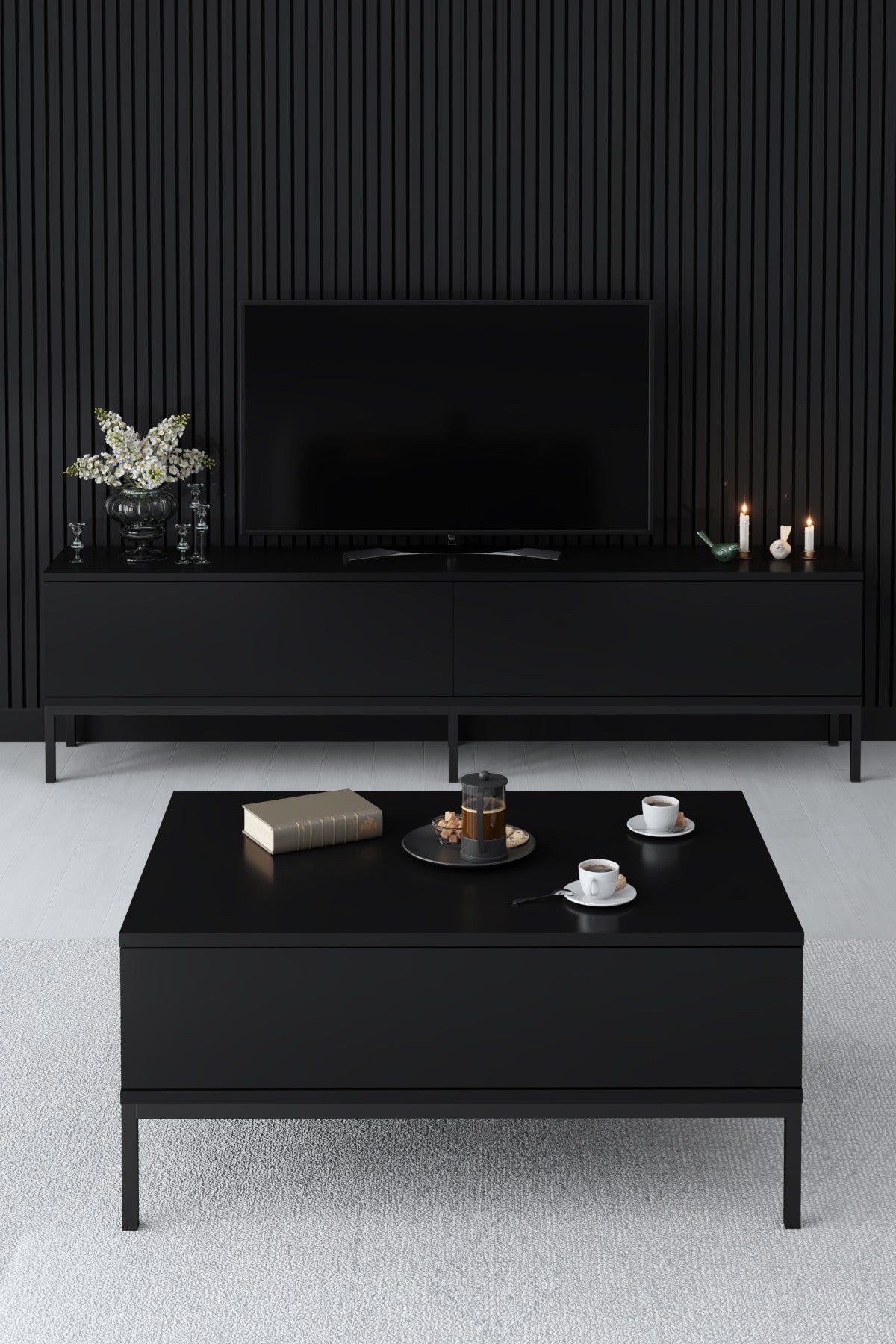 Möbelset Black Lord - Couchtisch + TV-Schrank + Sideboard - Schwarzer Rahmen
