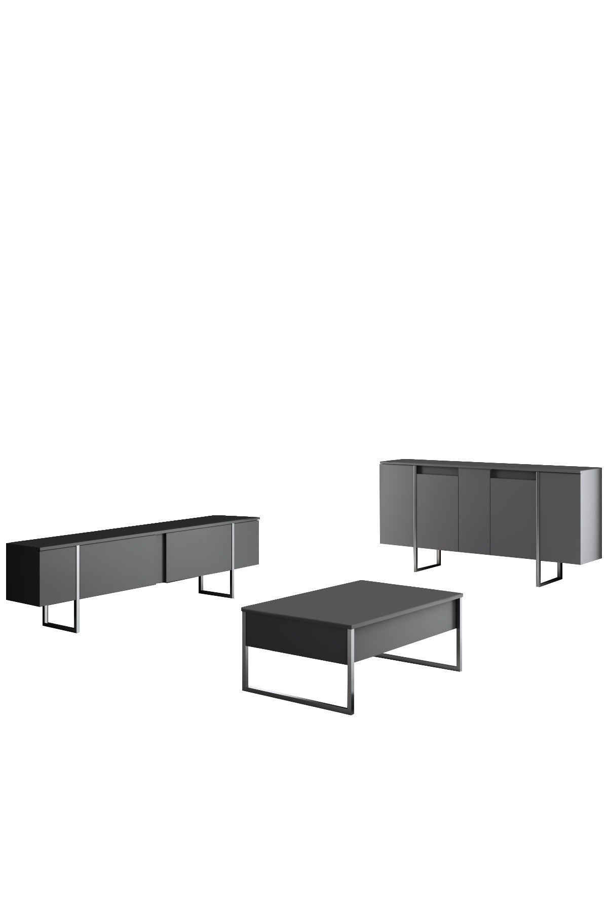 Möbelset Anthrazit Luxus - Couchtisch + TV-Schrank + Sideboard - Silberner Rahmen
