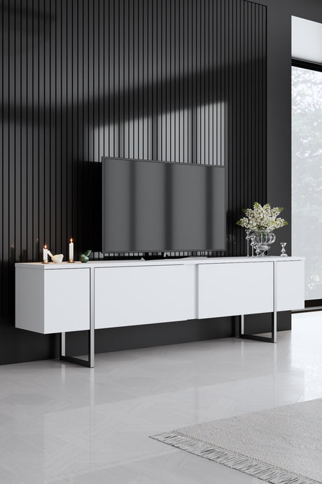 Möbelset Weiß Luxus - Couchtisch + TV-Schrank + Kommode Luxus - Silberner Rahmen