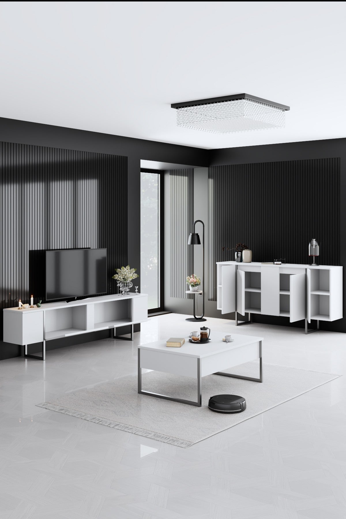 Möbelset Weiß Luxus - Couchtisch + TV-Schrank + Kommode Luxus - Silberner Rahmen