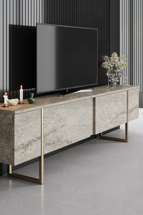 Travertin Luxus-Möbelset - Couchtisch + TV-Schrank + Luxus-Kommode - Goldener Rahmen