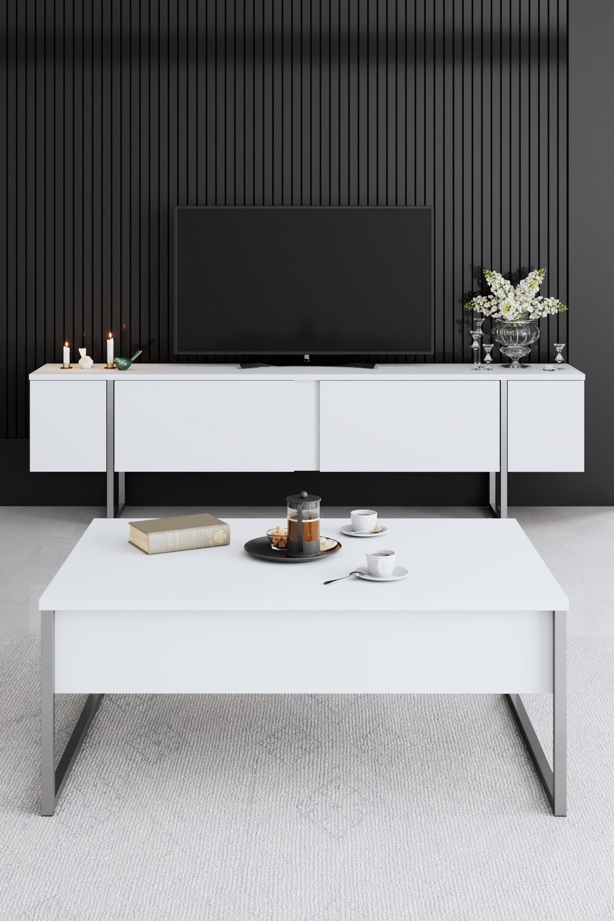 TV-Schrank Weiß Luxus 180x50x30 - Silberner Rahmen