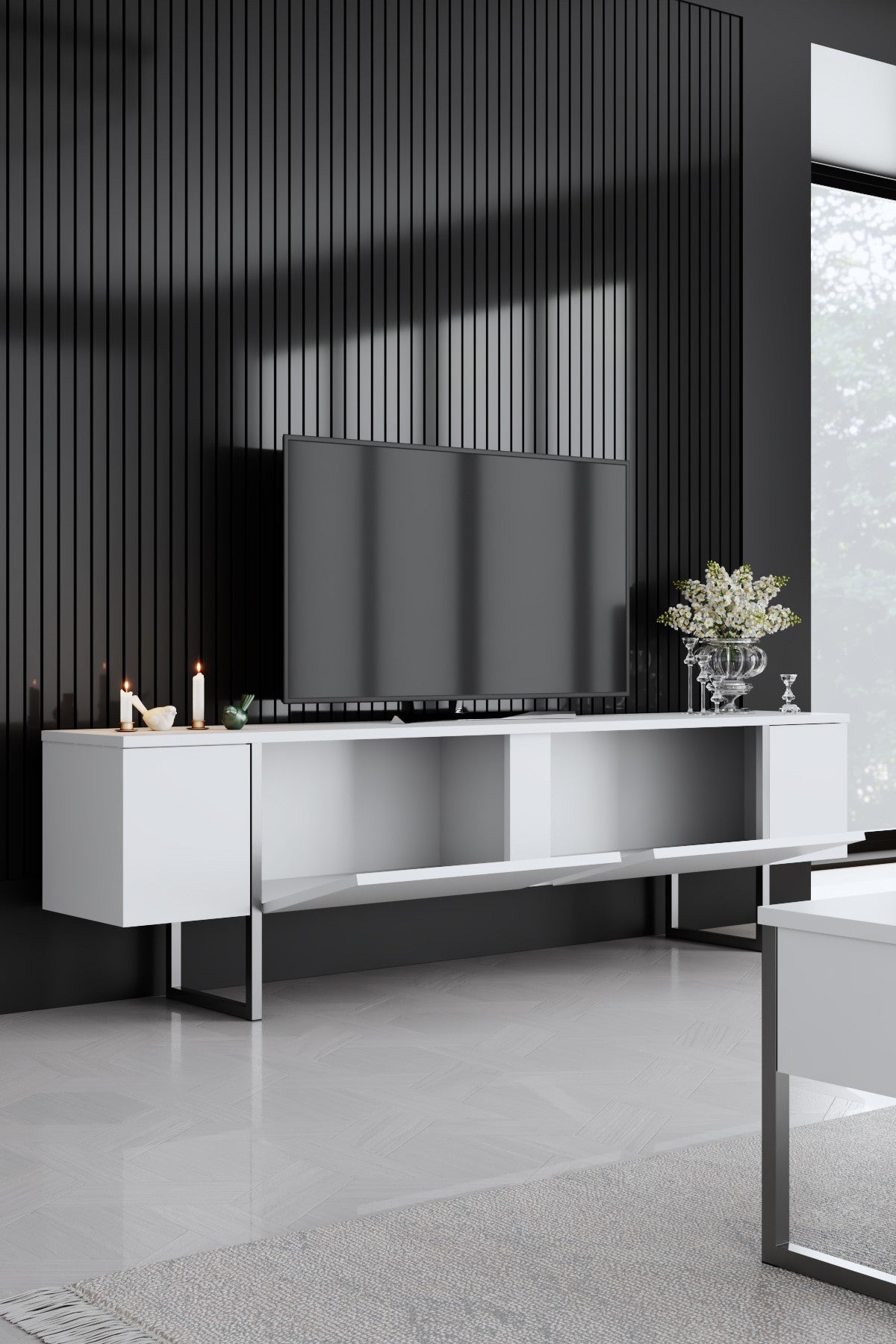 TV-Schrank Weiß Luxus 180x50x30 - Silberner Rahmen