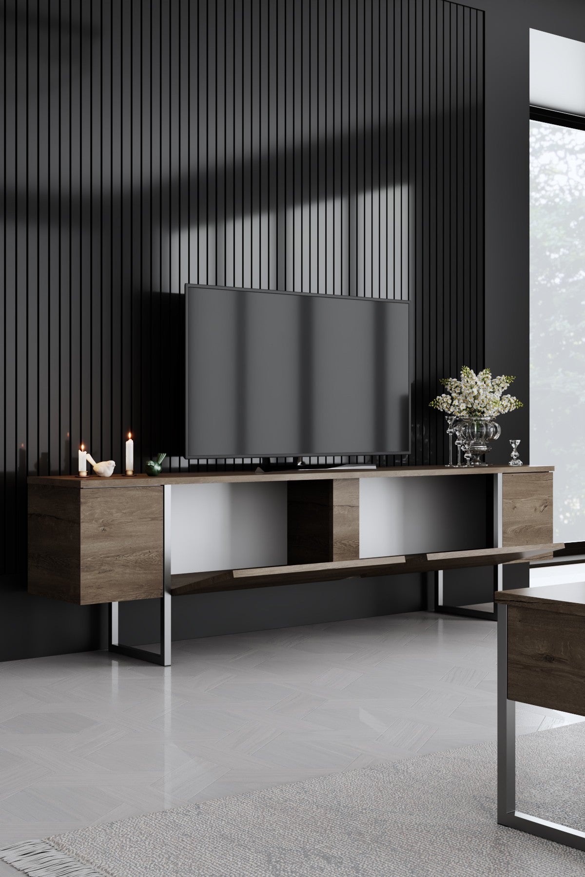 TV-Schrank Walnuss Luxus 180x50x30 - Silberner Rahmen