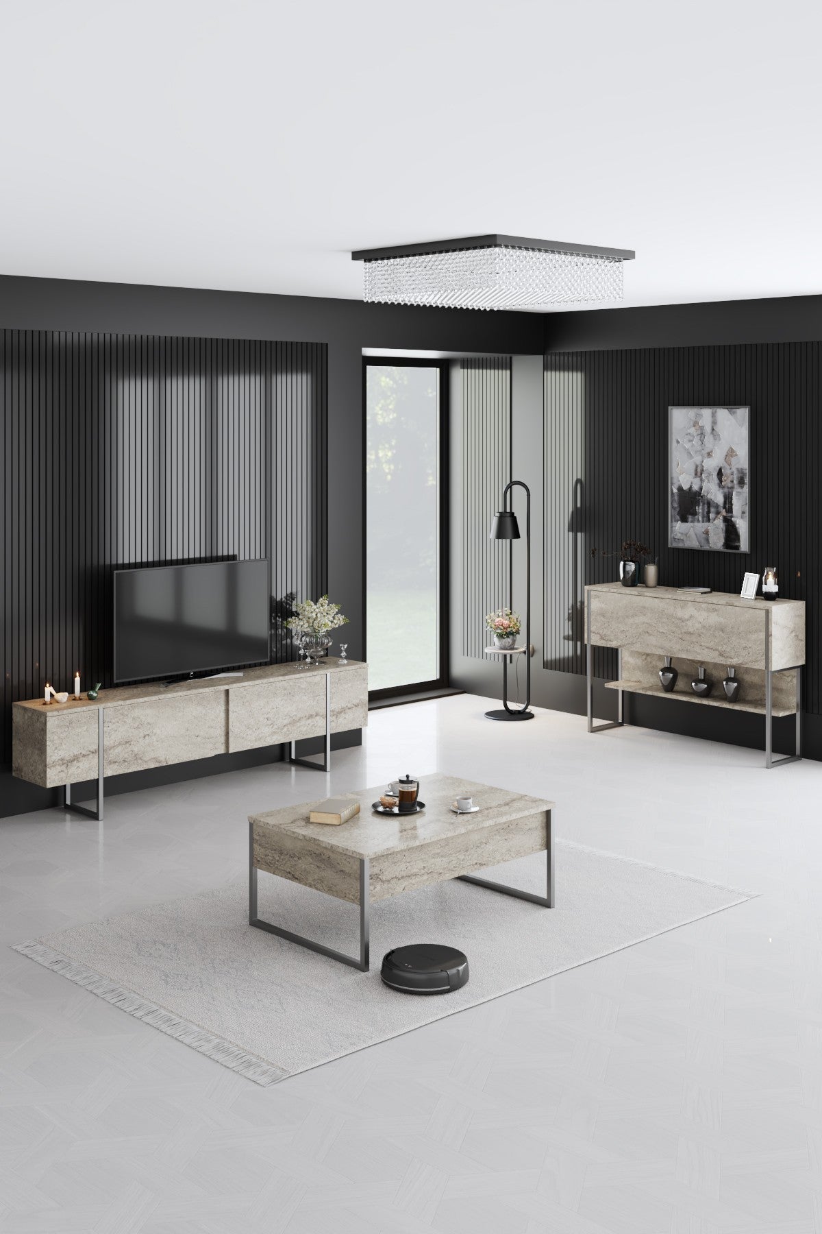 TV-Möbel Travertin Luxus 180x50x30 - Silberner Rahmen