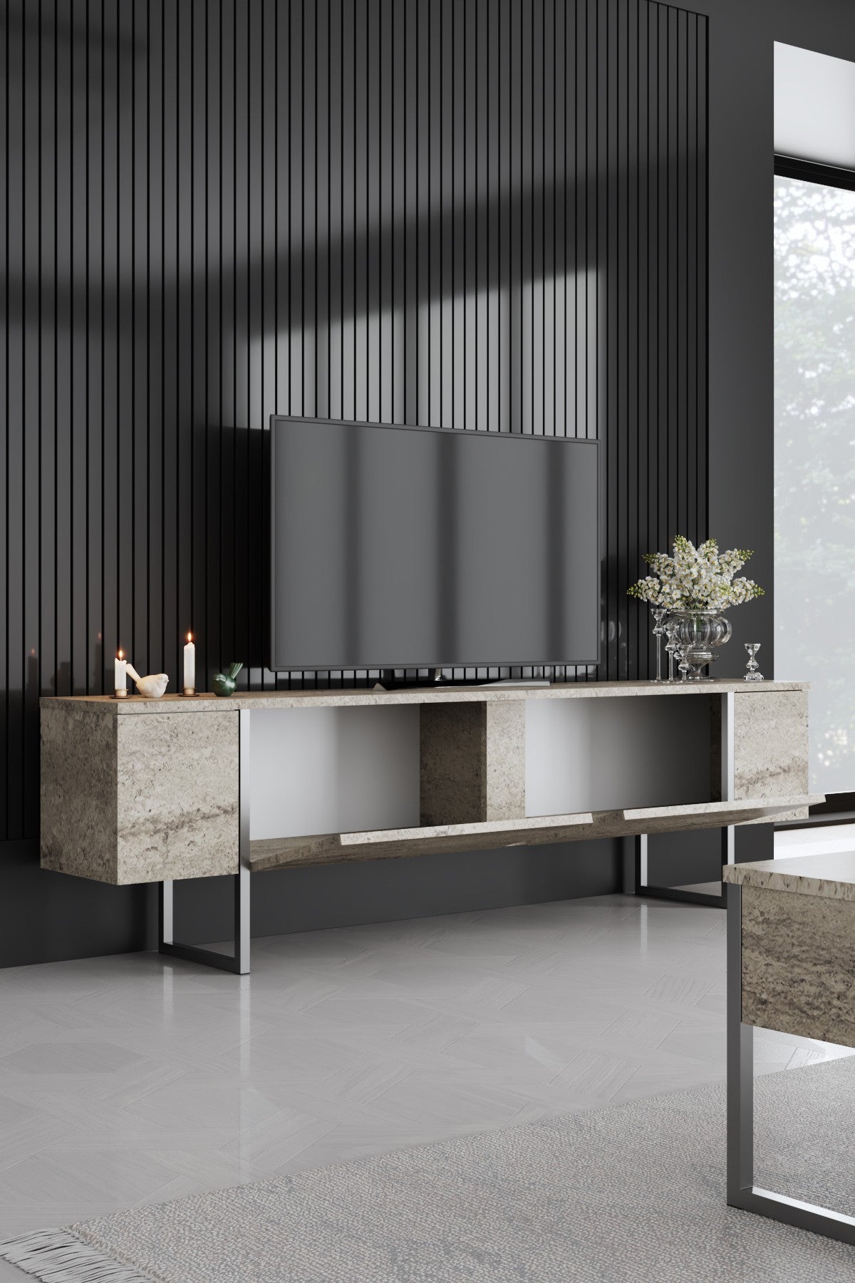 TV-Möbel Travertin Luxus 180x50x30 - Silberner Rahmen