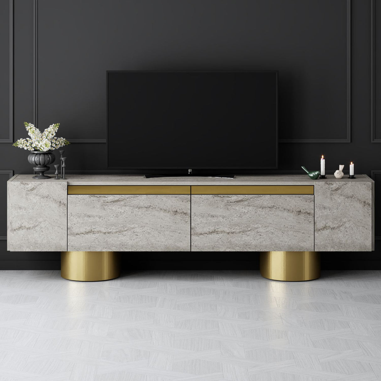 TV-Möbel Travertin Bohem 180x50x30 - Goldener Rahmen