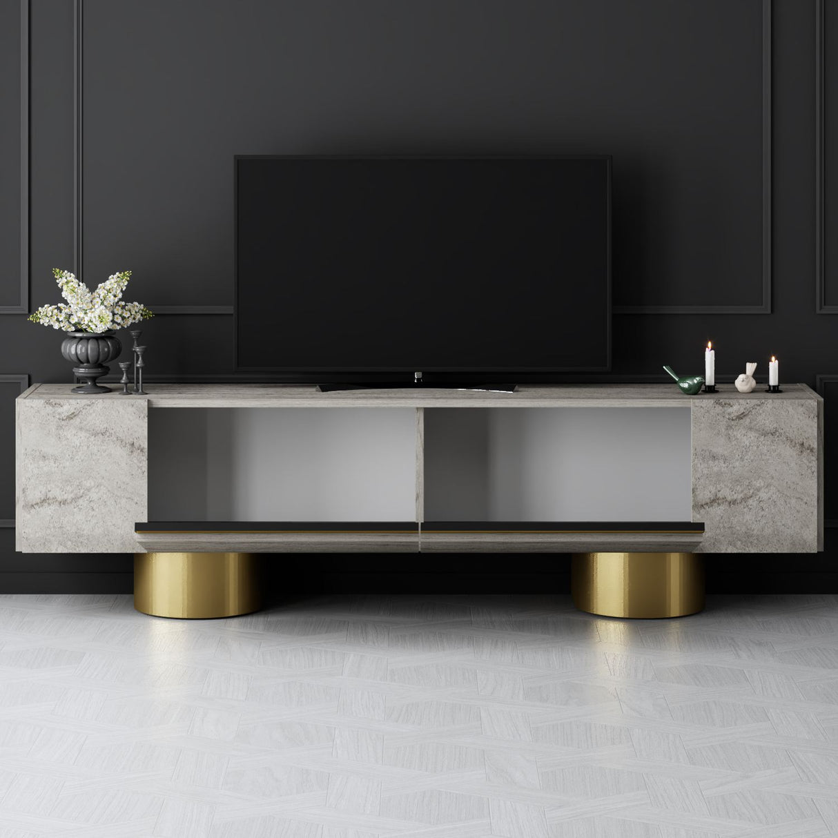 TV-Möbel Travertin Bohem 180x50x30 - Goldener Rahmen