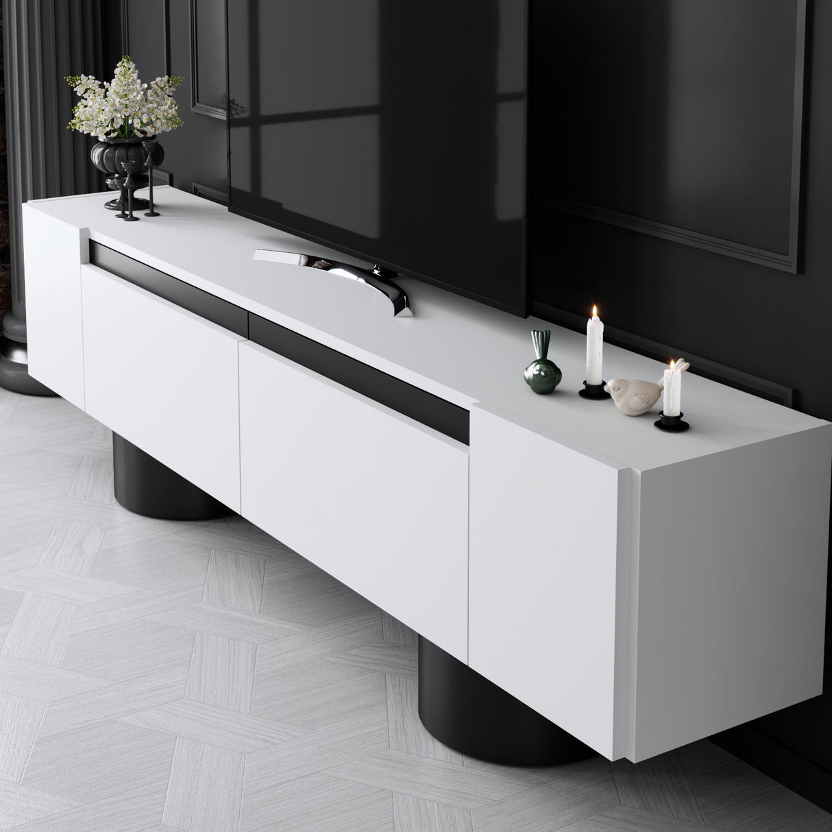 TV-Schrank Weiß Bohemia 180x50x30 - Schwarzer Rahmen