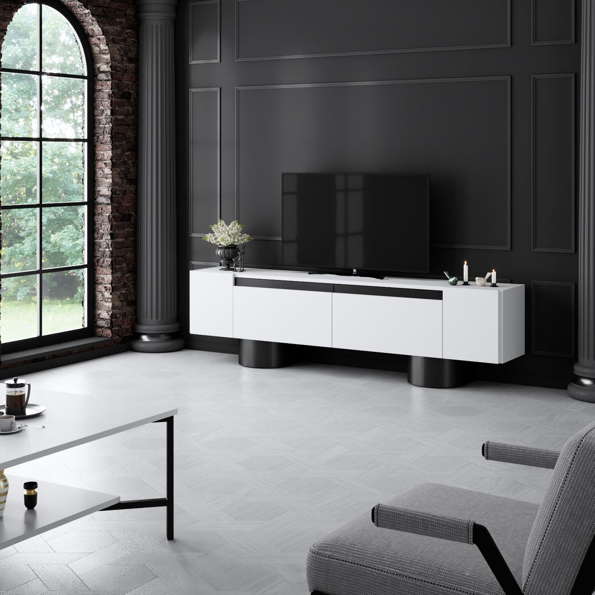 TV-Schrank Weiß Bohemia 180x50x30 - Schwarzer Rahmen