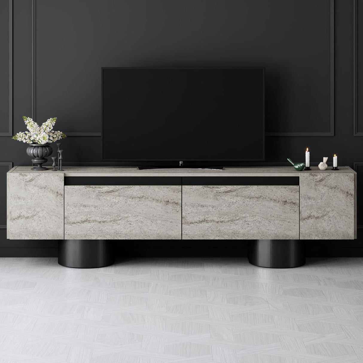 TV-Möbel Travertin Bohem 180x50x30 - Schwarzer Rahmen