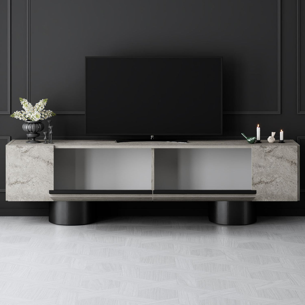 TV-Möbel Travertin Bohem 180x50x30 - Schwarzer Rahmen