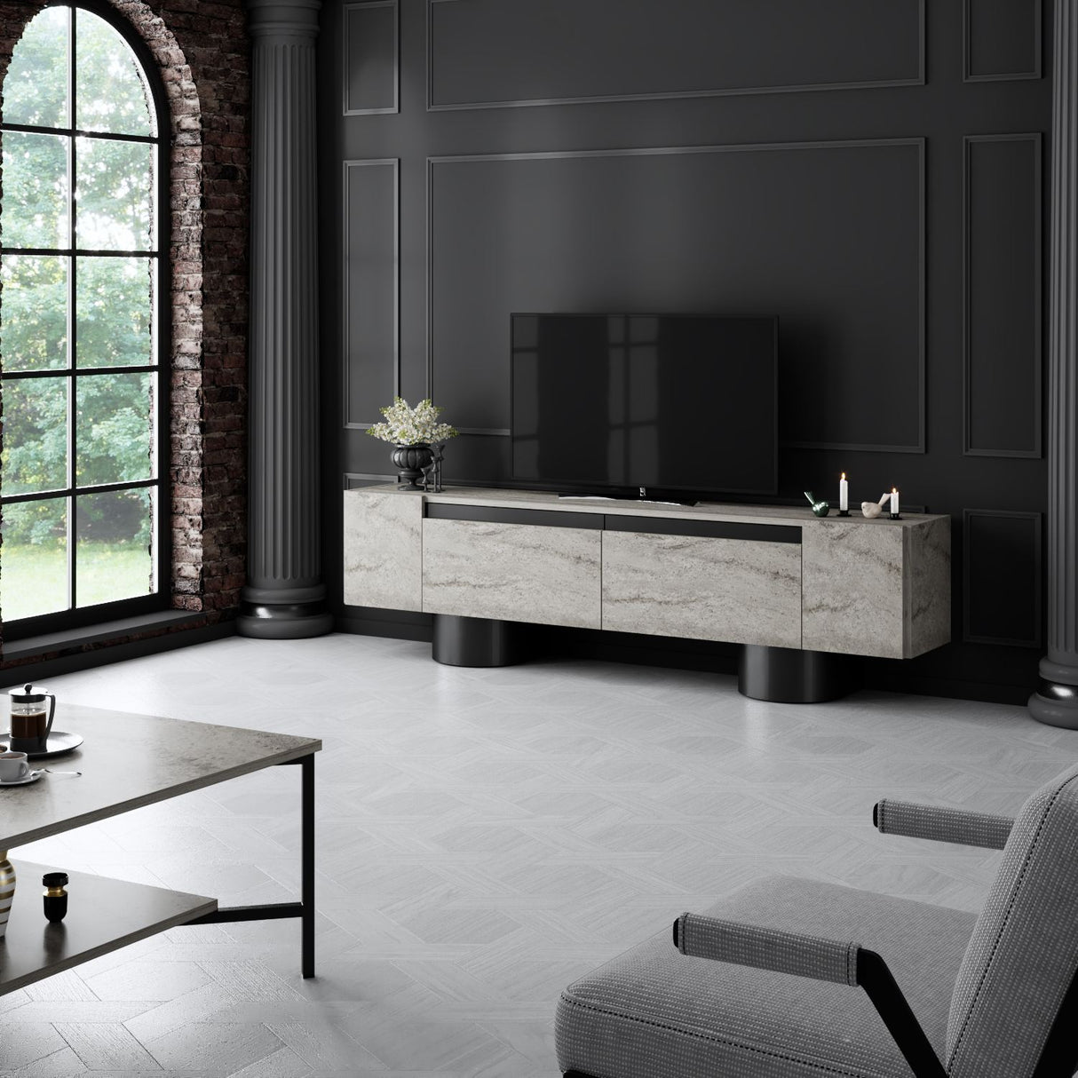 TV-Möbel Travertin Bohem 180x50x30 - Schwarzer Rahmen