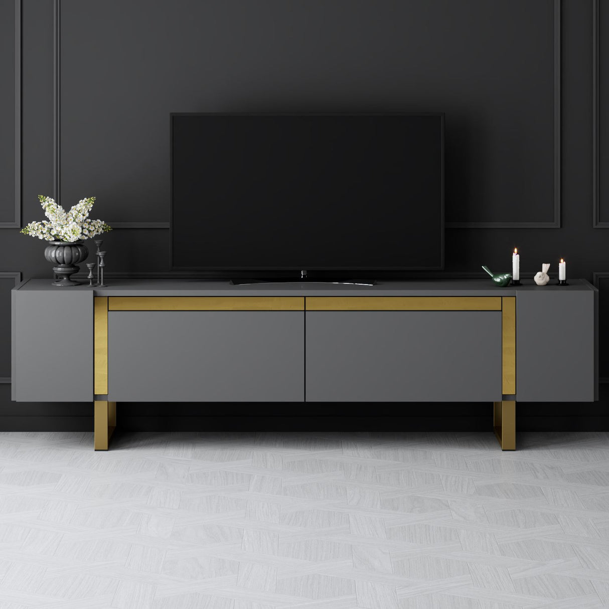 TV-Schrank Anthrazit Yildiz 180x50x30 - Goldener Rahmen
