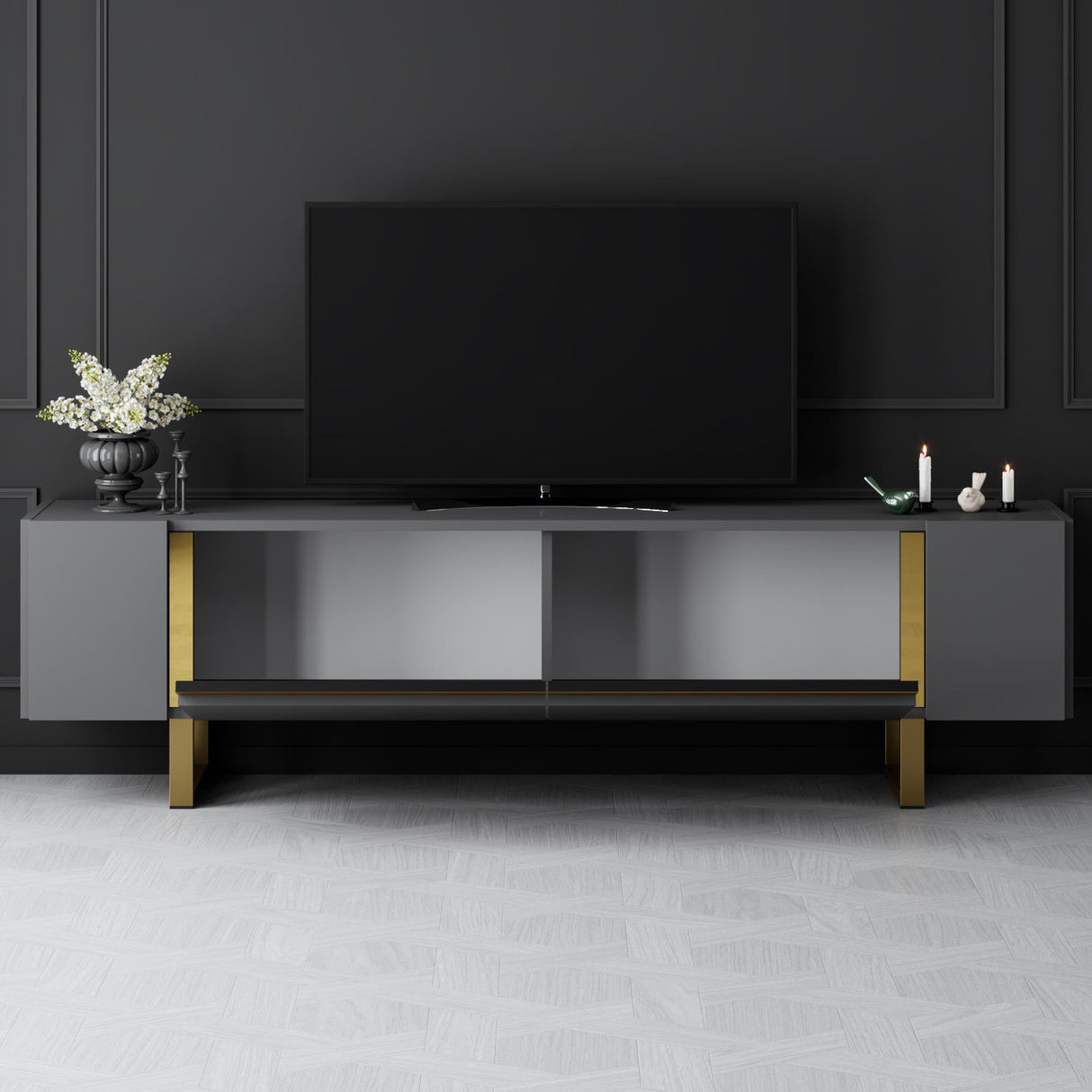 TV-Schrank Anthrazit Yildiz 180x50x30 - Goldener Rahmen
