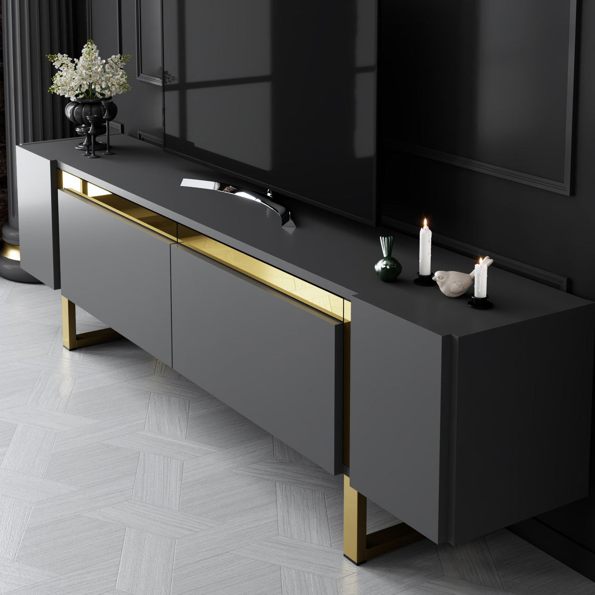 TV-Schrank Anthrazit Yildiz 180x50x30 - Goldener Rahmen