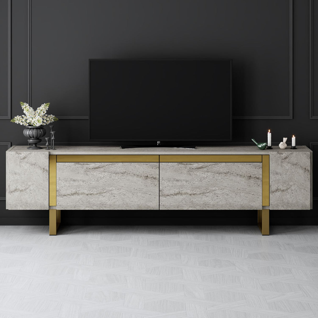 TV-Möbel Travertin Yildiz 180x50x30 - Goldener Rahmen