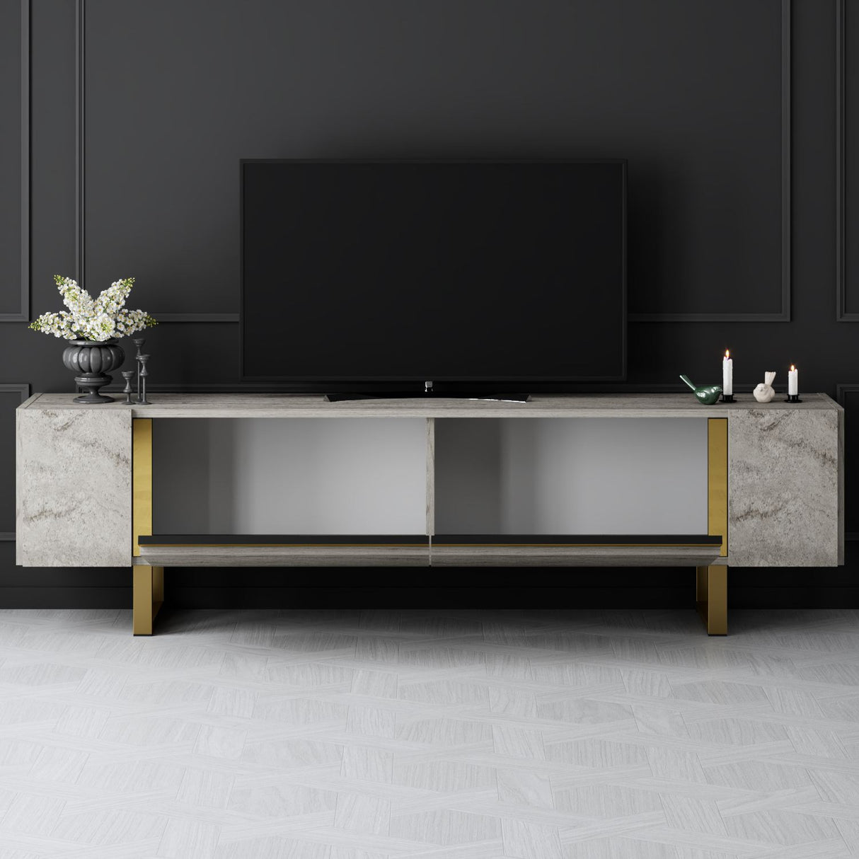 TV-Möbel Travertin Yildiz 180x50x30 - Goldener Rahmen