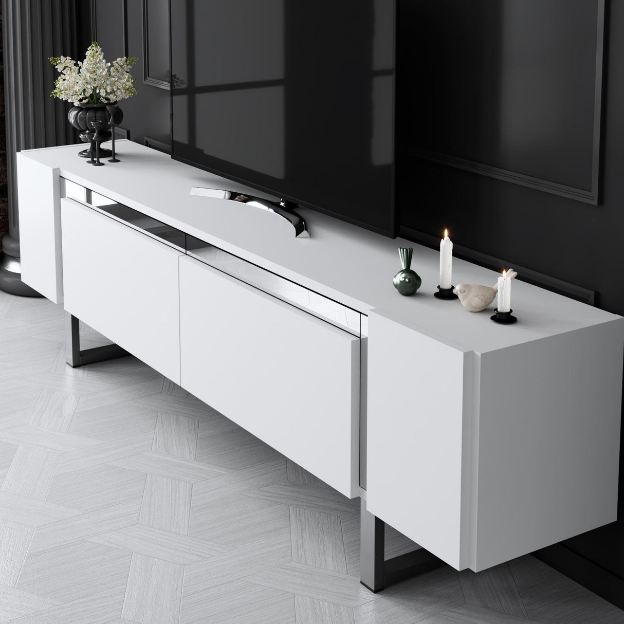 TV Meubels - TV Meubel Wit Yildiz 180x50x30 - Zilver Frame - Dimehouse