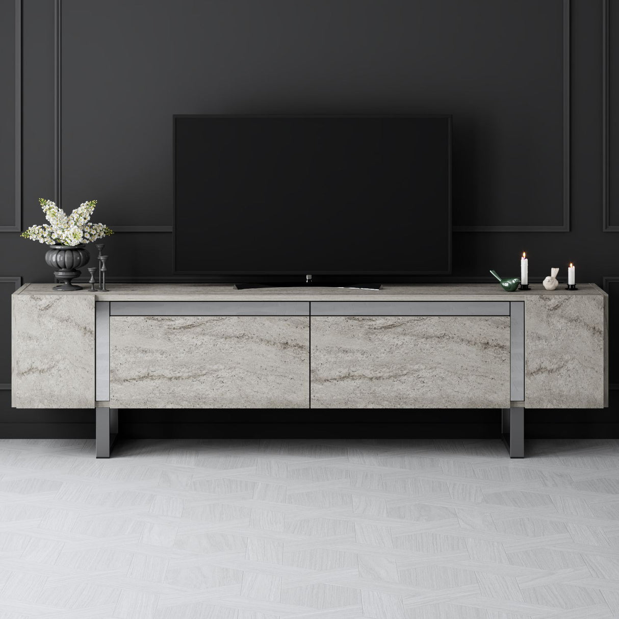 TV-Möbel Travertin Yildiz 180x50x30 - Silberner Rahmen