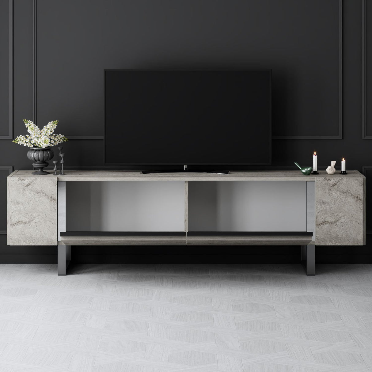 TV-Möbel Travertin Yildiz 180x50x30 - Silberner Rahmen