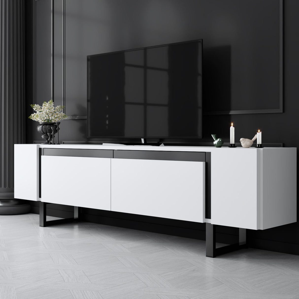 TV-Schrank Weiß Yildiz 180x50x30 - Schwarzer Rahmen